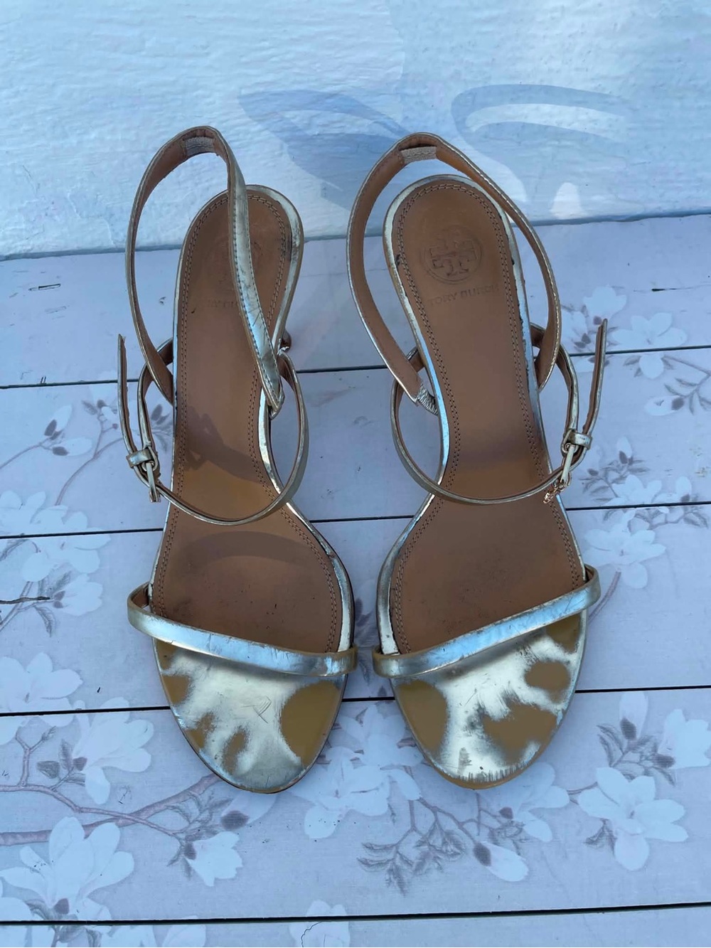 Tory Burch Metallic Gold Open-Toe Slingback Heels
